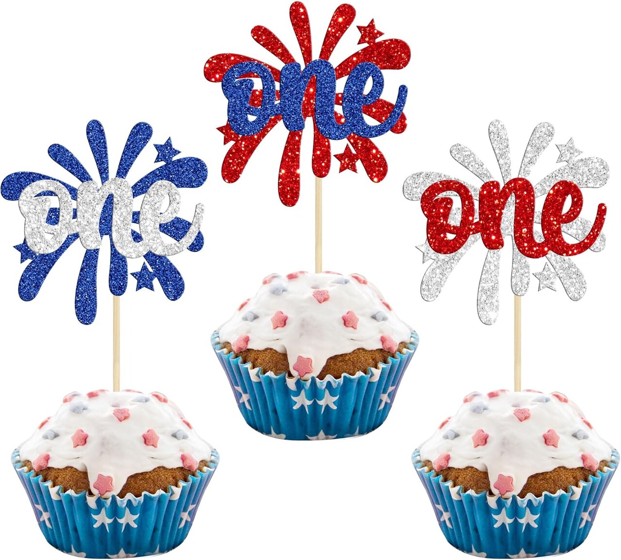 24Pcs Patriotic One Cupcake Toppers Firework First Birthday Cupcake Picks for Happy 4th of July American National Independence Day Theme 1st Birthday Party Cake Decorations Supplies